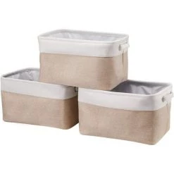 BEARSU Corbeille De Rangement Pliable Avec 2 Poignées Lot De 3 Bacs De Rangement Pour étagère De Rangement Nursery Home Close Blanc Kaki 36,5x26x20 Cm