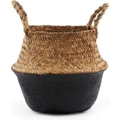 BEARSU Panier Tressé En Jonc De Mer Fait à La Main, Panier De Rangement, Panier à Linge, Décoration D'intérieur, Pot De Fleurs, Panier De Jardin, 36 X 32 Cm, Noir Et Naturel