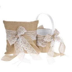 HAPPYSHOPPING 7 * 7 Pouces Vintage Toile De Jute Dentelle Bowknot Anneau Porteur Oreiller Et Mariage Rustique Fleur Fille Panier Ensemble