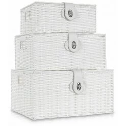 AXHUP Lot De 3 Panier De Rangement En Rotin Avec Couvercle Boîte De Rangement Blanc Pour Chambre Salon