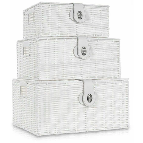 AXHUP Lot De 3 Panier De Rangement En Rotin Avec Couvercle Boîte De Rangement Blanc Pour Chambre Salon 3 AXHUP Lot De 3 Panier De Rangement En Rotin Avec Couvercle Boîte De Rangement Blanc Pour Chambre Salon