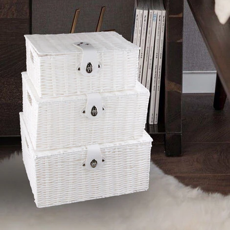 AXHUP Lot De 3 Panier De Rangement En Rotin Avec Couvercle Boîte De Rangement Blanc Pour Chambre Salon 6 AXHUP Lot De 3 Panier De Rangement En Rotin Avec Couvercle Boîte De Rangement Blanc Pour Chambre Salon â Image 4