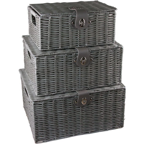 AXHUP Lot De 3 Panier De Rangement En Rotin Avec Couvercle Boîte De Rangement Gris Pour Chambre Salon 3 AXHUP Lot De 3 Panier De Rangement En Rotin Avec Couvercle Boîte De Rangement Gris Pour Chambre Salon