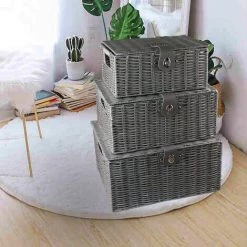 AXHUP Lot De 3 Panier De Rangement En Rotin Avec Couvercle Boîte De Rangement Gris Pour Chambre Salon 8 AXHUP Lot De 3 Panier De Rangement En Rotin Avec Couvercle Boîte De Rangement Gris Pour Chambre Salon -Petit rangement Soldes Magasin 38695560 2