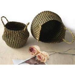 ECHOO Panier Tissé En Jonc De Mer, Panier De Fleur Tressé, Rangement Naturel Panier Osier Corbeille À Linge Avec Poignée, Plusieurs Options De Taille, Maison Décoration Organisateur(noir，18x16cm) -Petit rangement Soldes Magasin 38712209 3