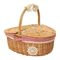 ECHOO Panier De Pique-nique Avec Couvercle Panier En Osier En Rotin Tressé, Panier De Style Campagnard Avec Doublure En Coton à Carreaux Rouges Et Blancs, Panier-cadeau Pour Les Pique-niques