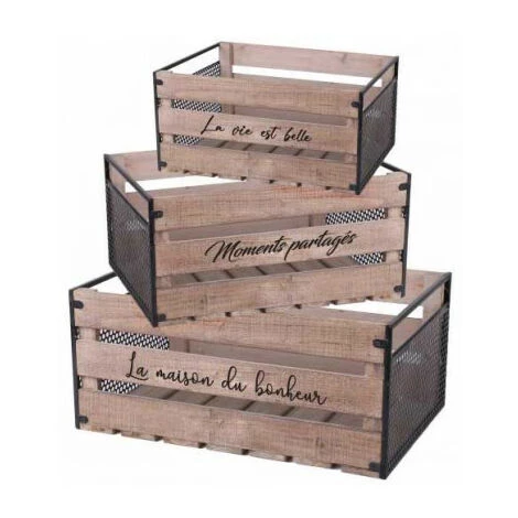 WADIGA Set De 3 Caisses En Bois Et Métal Avec Messages - Bois 3 WADIGA Set De 3 Caisses En Bois Et Métal Avec Messages - Bois