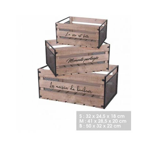 WADIGA Set De 3 Caisses En Bois Et Métal Avec Messages - Bois 4 WADIGA Set De 3 Caisses En Bois Et Métal Avec Messages - Bois – Image 2