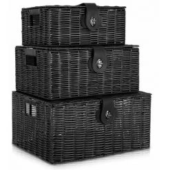 AXHUP Lot De 3 Panier De Rangement En Rotin Avec Couvercle Boîte De Rangement Noir Pour Chambre Salon
