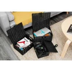 AXHUP Lot De 3 Panier De Rangement En Rotin Avec Couvercle Boîte De Rangement Noir Pour Chambre Salon -Petit rangement Soldes Magasin 40546017 3