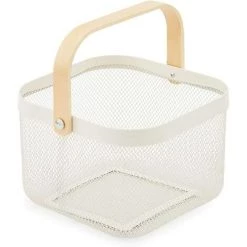 TANABATA Lot De 3 Panier De Rangement Décorative En Treillis Métallique Avec Manche En Bois Pour Cuisine, Salle De Bain - Blanc, 24 X 24 X 16 Cm -Petit rangement Soldes Magasin 42414405 2