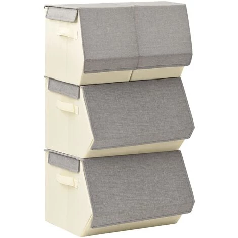 VidaXL Boîtes De Rangement Empilables 4 Pcs Tissu Gris Et Crème - Gris 4 VidaXL Boîtes De Rangement Empilables 4 Pcs Tissu Gris Et Crème - Gris – Image 2