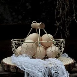 BARES PoignéE En Bois MéTal RéTro Panier Portable Multifonctionnel LéGumes Fruits Oeufs éPicerie Pratique Rangement Panier Organisateur Blanc -Petit rangement Soldes Magasin 44486362 2