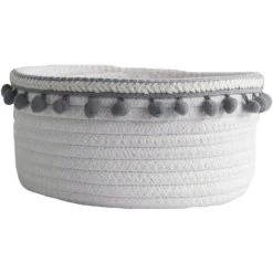 ELLE Panier En Corde De Coton Pour Bébé, Corbeille De Rangement Pliable Petit Boîte Organisateur Universel Pour Etagères, Placard, Bureau - Blanc/Pompons Gris -Petit rangement Soldes Magasin 44501327 5