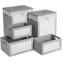 LOLA HOME Set De 2 Paniers Et 3 Paniers En Paulownia Et Tissu Blanc Et Gris à Lattes -Petit rangement Soldes Magasin 45790101 2