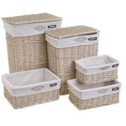 LOLAHOME Set De 2 Paniers Et 3 Paniers En Osier Et Tissu Beige Tressé