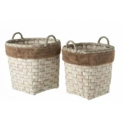 DANSMAMAISON Set De 2 Panier Rond + Anses Imitation Fourrure Amovible Rotin Plat Marron - L 39,5 X L 39,5 X H 37,5 Cm - Marron