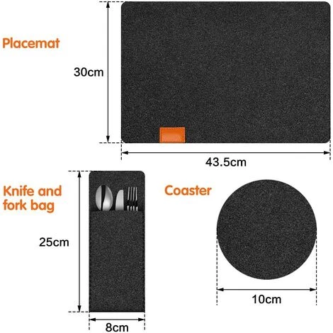 NORCKS Sets De Table En Feutre,24 Set De Table Lavable Imperméables Résistant à La Chaleur,Coaster Et Sacs à Couverts,Antidérapant,Facile Nettoyer,pour Dîners De Famille, Restaurants,Gris Foncé - Noir 6 NORCKS Sets De Table En Feutre,24 Set De Table Lavable Imperméables Résistant à La Chaleur,Coaster Et Sacs à Couverts,Antidérapant,Facile Nettoyer,pour Dîners De Famille, Restaurants,Gris Foncé - Noir – Image 4