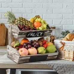 DEVENIRRICHE Panier De Fruits En Bois Rustique 2 Niveaux Avec Tableaux Noirs, Cuisine Décorative De Ferme évider Le Support D'organisateur De Stockage De Bol De Fruits Pour Légumes, Fruits, Aliments, Collations -Petit rangement Soldes Magasin 47507664 3