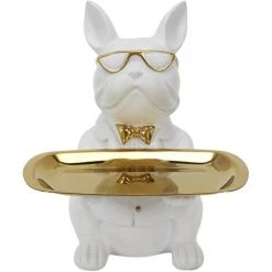 THE HOME DECO FACTORY Vide Poche Déco Bouledogue Cool Assis Blanc Et Doré