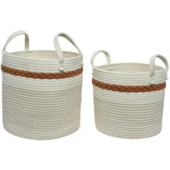 NOSENVIESDECO Lot De 2 Paniers De Rangement Ronds, En Coton Avec Poignées - Nos Envies Déco - Blanccassé/rouge