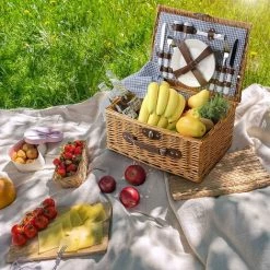 BAMNY Paniers Pique-Nique, Paniers En Osier Fait Main, Pour 2 Personnes, Avec Couverture Pique-Nique, Gobelets, Couverts, Assiettes, Marron 40x30x20 Cm -Petit rangement Soldes Magasin 49197168 4