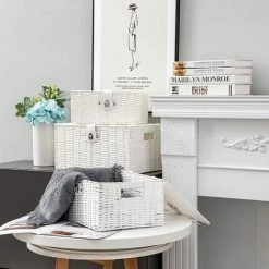 JN.SONGS Lot De 3 Boîtes De Panier De Rangement Avec Couvercle Et Poignée Latérale Boîte De Rangement Panier-Cadeau Pour Cuisine Salon Salle De Bain Bhambre(Blanc) -Petit rangement Soldes Magasin 50600132 3