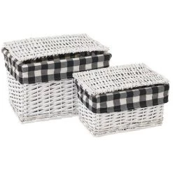 LOLAHOME Lot De 2 Paniers En Osier Et Tissu Vichy Noir Et Blanc