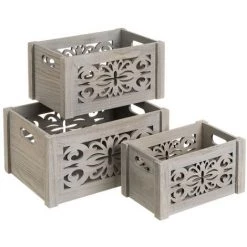 LOLA HOME Lot De 3 Boites En Paulownia Gris Exotique à Usages Multiples 36x26x18 Cm