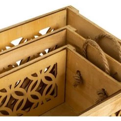 LOLA HOME Lot De 3 Boites Exotiques En Paulownia Naturel Sculpté 36x26x18 Cm -Petit rangement Soldes Magasin 50736742 4