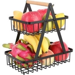 HIASDFLS 2 Etages Corbeille À Fruit Métal, Corbeille À Fruits Détachable Porte-Fruits, Support Décoratif Pour Fruits, Stand De Fruits Pour La Cuisine, Support Pour Bol À Fruits Avec Manche En Bois (Noir)