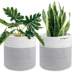 ZHUOXUAN Panier à Plantes 2 Pièces De Panier à Fleurs Tissé En Corde Panier De Rangement Multifonctionnel En Jute Robuste Avec Poignée Pratique Panier De Rangement Pour Plantes Pot De Fleurs D'intérieur Gary White.
