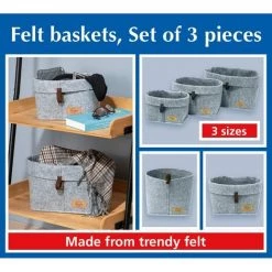 WENKO® Lot De 3 Corbeilles Feutre Feli - Longueur 18 Hauteur 19 Profondeur 18 Cm - Gris -Petit rangement Soldes Magasin 51758692 4