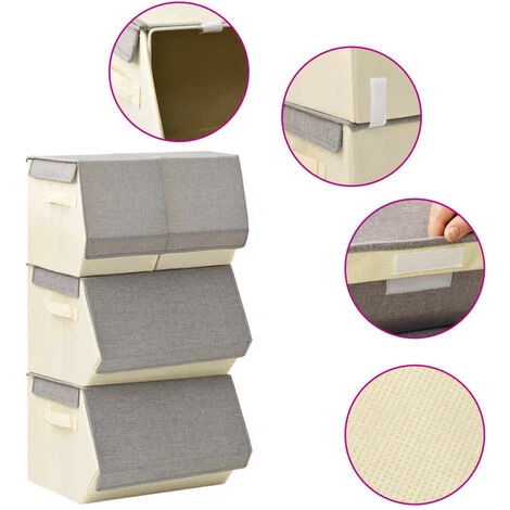 ASUPERMALL Boites De Rangement Empilables 4 Pcs Tissu Gris Et Creme 3 ASUPERMALL Boites De Rangement Empilables 4 Pcs Tissu Gris Et Creme