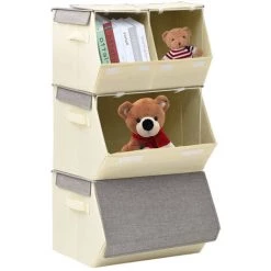 ASUPERMALL Boites De Rangement Empilables 4 Pcs Tissu Gris Et Creme 8 ASUPERMALL Boites De Rangement Empilables 4 Pcs Tissu Gris Et Creme -Petit rangement Soldes Magasin 52076588 2