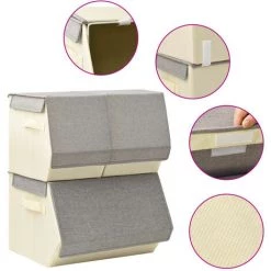 ASUPERMALL Boites De Rangement Empilables 3 Pcs Tissu Gris Et Creme