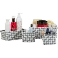 Relaxdays Boîte De Rangement Lot De 4 Paniers Plastique Salle De Bain Tressé Cosmétiques Corbeille, Blanc-gris