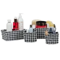 Relaxdays Boîte De Rangement Lot De 4 Paniers Plastique Salle De Bain Tressé Cosmétiques Corbeille, Blanc-noir