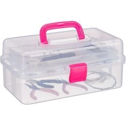 Relaxdays Boîte En Plastique Transparente, 9 Compartiments Pour Petits Objets, Poignée, HLP 14x33x19 Cm, Rose