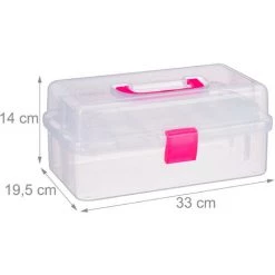 Relaxdays Boîte En Plastique Transparente, 9 Compartiments Pour Petits Objets, Poignée, HLP 14x33x19 Cm, Rose -Petit rangement Soldes Magasin 52201389 5
