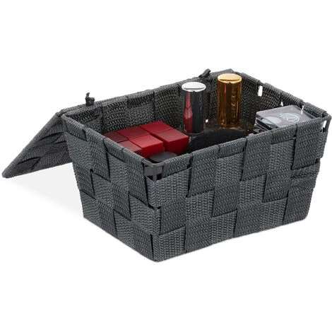 Relaxdays Panier De Rangement Avec Couvercle, Aspect Tressé, Organiseur, HxlxP 10,5 X 19,5 X 14,5 Cm, Plastique, Gris 3 Relaxdays Panier De Rangement Avec Couvercle, Aspect Tressé, Organiseur, HxlxP 10,5 X 19,5 X 14,5 Cm, Plastique, Gris