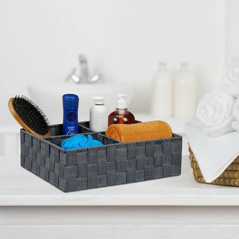 Relaxdays Corbeille De Rangement Avec 4 Compartiments, Stockage De Cosmétique, Salle De Bain, 10 X 32 X 27 Cm, Gris 4 Relaxdays Corbeille De Rangement Avec 4 Compartiments, Stockage De Cosmétique, Salle De Bain, 10 X 32 X 27 Cm, Gris – Image 2