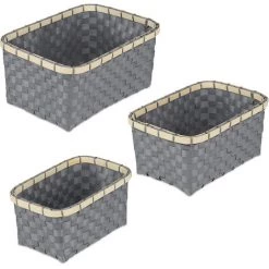 Relaxdays Lot De 3 Paniers De Rangement, Corbeilles En 3 Tailles, Tressés, Salle De Bain, Plastique, Cadre Bambou, Gris -Petit rangement Soldes Magasin 52205196 2