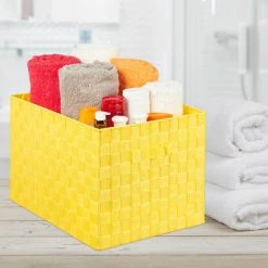 Relaxdays Panier De Rangement Avec Poignée, Plastique, Aspect Tressé, 26 X 40 X 30 Cm, Corbeille Salle De Bain, Jaune -Petit rangement Soldes Magasin 52205219 3