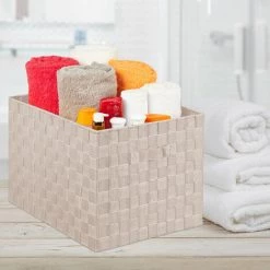 Relaxdays Panier De Rangement Avec Poignée, Plastique, Aspect Tressé, 26 X 40 X 30 Cm, Corbeille Salle De Bain, Taupe -Petit rangement Soldes Magasin 52205456 3