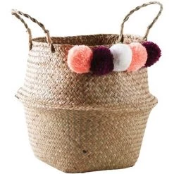 AUBRY GASPARD Panier Rond En Jonc Naturel Avec Pompons Ponpons Multicolores Multicolore - Ponpons Multicolores