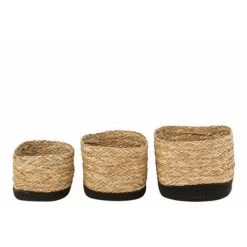 DANSMAMAISON Set De 3 Paniers CarrŽs Herbe/Coton Naturel/Noir - L 28 X L 28 X H 21 Cm - Naturel -Petit rangement Soldes Magasin 52726116 2