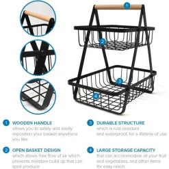 BARES Rangement Legumes Cuisine, Corbeilles à Fruits Gain De Place, Panier Fruits Et Légumes Noir, Panier De Fruits Et Legumes, Panier Legumes & Panier Fruits 2 En 1, Corbeille A Fruit Etage Design -Petit rangement Soldes Magasin 53068713 3