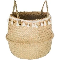 HOMEMAISON Panier Pliable à Pompons Naturel Ø 31 X H 27 Cm - Naturel