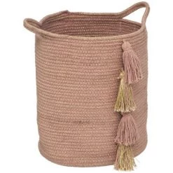 Atmosphera - Panier De Rangement Déco En Coton Rose Antique Avec Lurex Doré Et Pompons - Rose